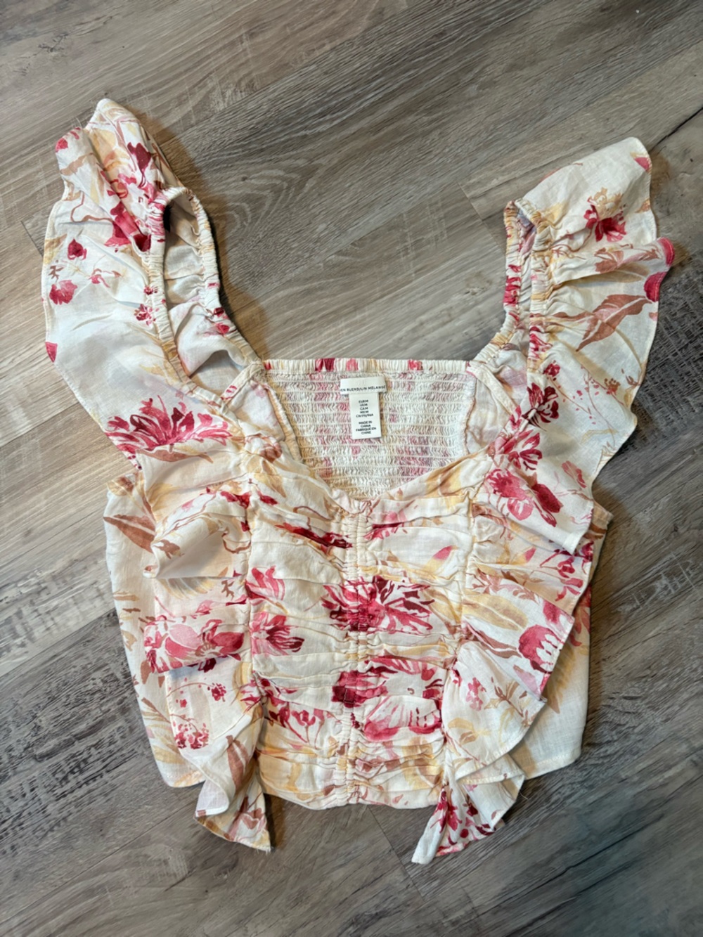 H&M Crop Floral Ruffle Smocked Women's Top Pink/Cream Linen Blend Size M